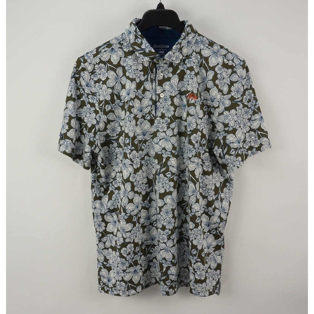 Good Good Golf Performance Floral Polo Shirt Mens Large Green White Blue Stretch